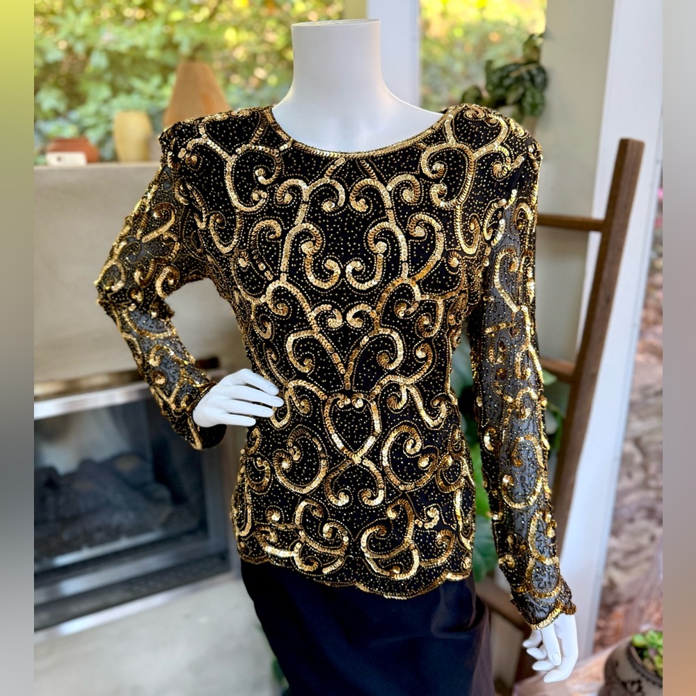 Vintage Sténay Evening Top Bead and Sequins Long Sleeve Silk Blouse Eveningwear